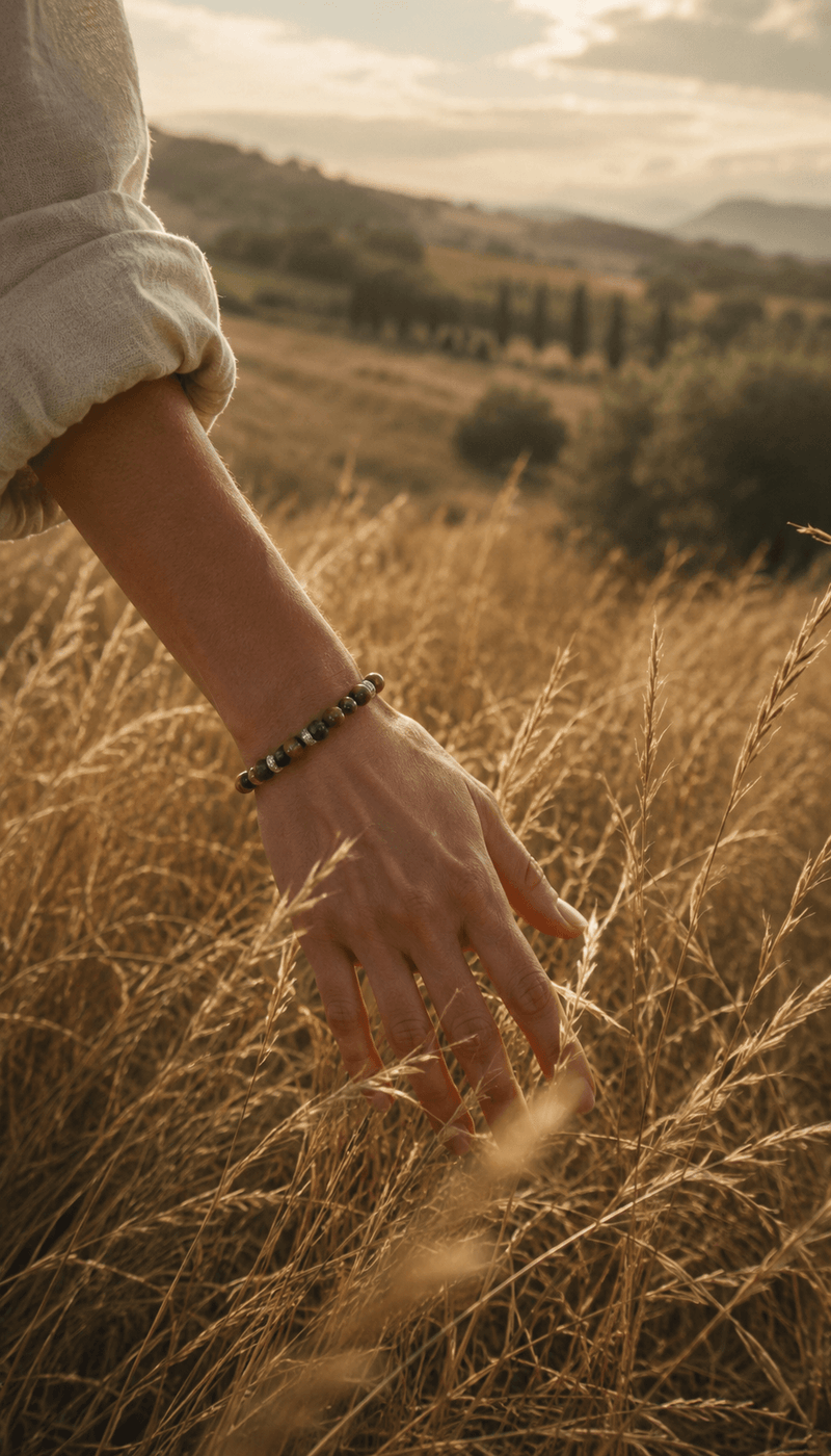 Woman walking through a golden wheat field wearing a beaded bracelet