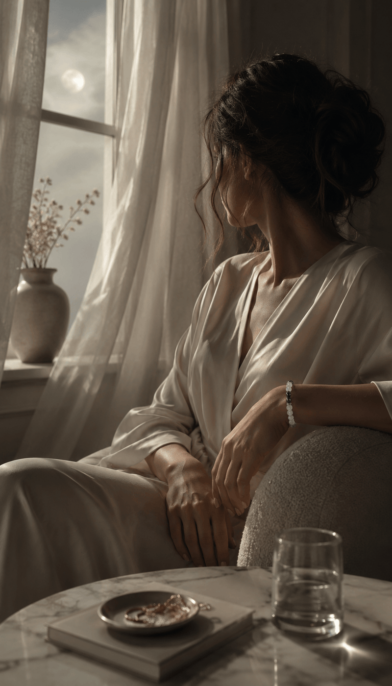 Woman seated by a window at night in soft light, wearing a bracelet