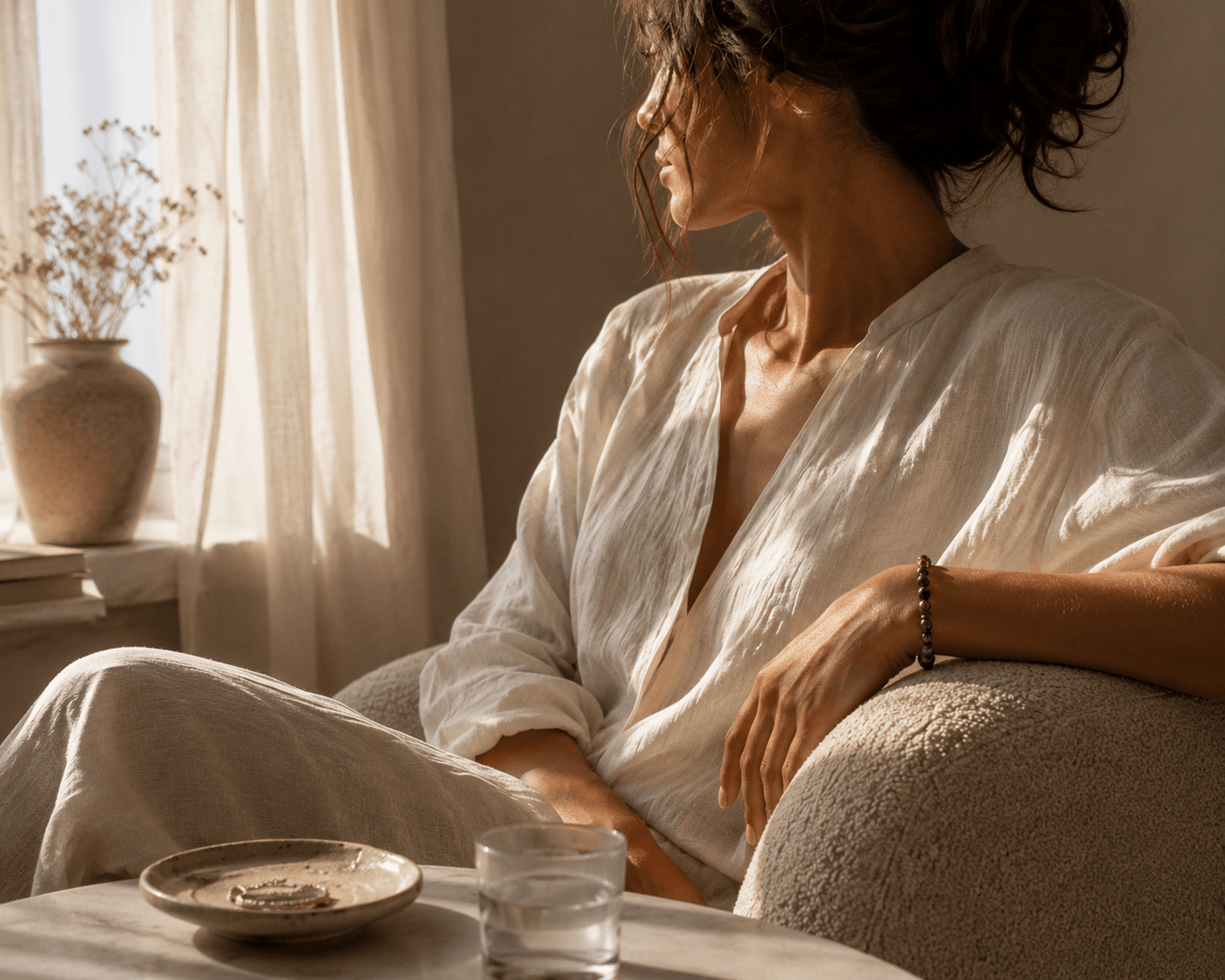 Woman sitting by a window in soft morning light, wearing a beaded bracelet